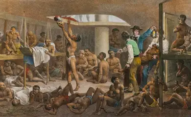 Brasília (DF), 30/04/2025 - O porão de um navio negreiro é representado por Rugendas na pintura Nègres a fond de calle, produzido volta de 1827 e publicado em 1835 em Viagem pitoresca através do Brasil, Pintura sobre a escravidão no Brasil. 
Fonte: Pesquisa Fapesp/Wikimedia Commons
