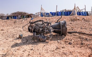 The remains of a rocket booster that, according to Israeli authorities critically injured a 7-year-old girl, after Iran launched drones and missiles towards Israel, near Arad, Israel, April 14, 2024. REUTERS/Christophe van der Perre