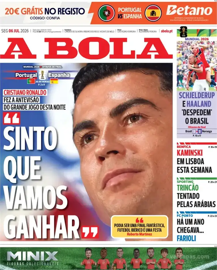 Brasília (DF), 06/07/2026 - Capa do jornal A Bola fala da elimininação do Brasil pela Holanda na Copa do Mundo de 2026. Foto: A Bola/Divulgação