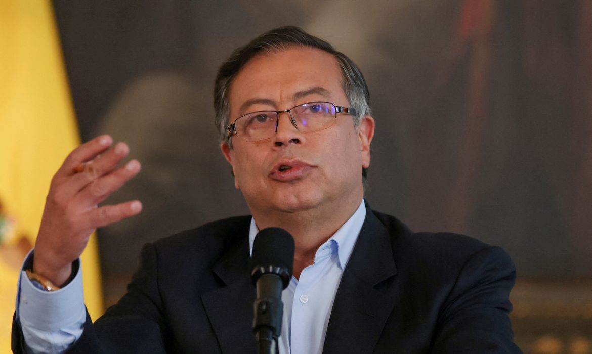 FILE PHOTO: Colombian President Gustavo Petro speaks to journalists about his government's first 100 days, in Bogota