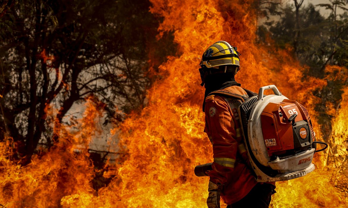 Brasília (DF), 24/08/2024 - Brigadistas do Instituto Brasília Ambiental e Bombeiros do Distrito Federal combatem incêndio em área de cerrado próxima ao aeroporto de Brasília. Foto: Marcelo Camargo/Agência Brasil