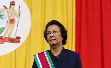 Jennifer Simons wears the presidential sash after being sworn in as Suriname's first female president, in Paramaribo, Suriname July 16, 2025. REUTERS/Ranu Abhelakh