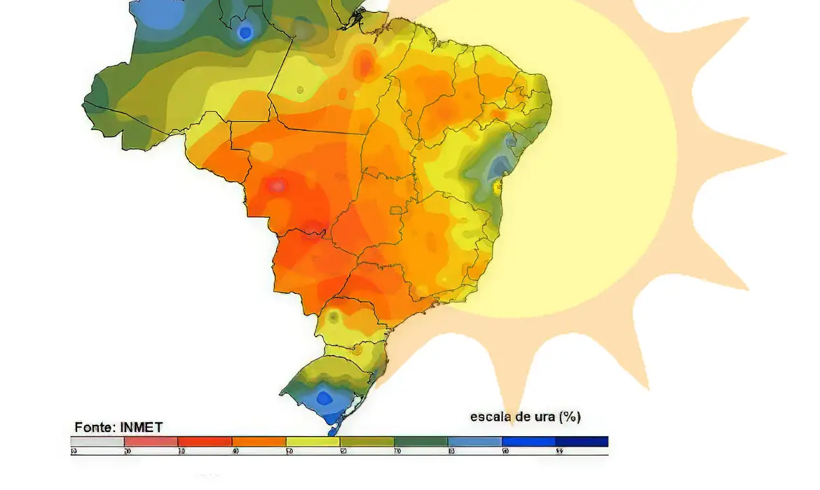 Ilustração do mapa do Brasil mostrando altas tempuraturas. Fonte: INMET