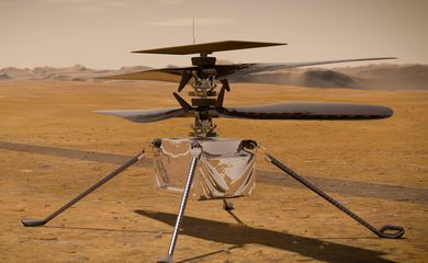 No conceito deste artista, o Ingenuity Mars Helicopter da NASA fica na superfície do Planeta Vermelho enquanto o rover Mars 2020 Perseverance da NASA (parcialmente visível à esquerda) rola para longe.