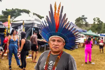 Brasília (DF), 23.04.2024 - Cacique Dário Kopenawa Yanomami fala sobre mudaça de clima em sua regiaão,  no Acampamento Terra Livre 2024<br /> Foto: Joédson Alves/Agência Brasil