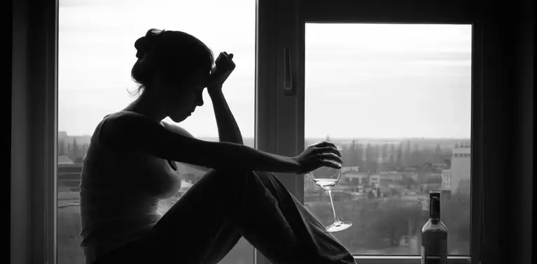 Silhueta em contraluz de mulher segurando taça com uma garrafa de bebida ao lado