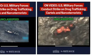 FILE PHOTO: A combination image shows two screen captures from a video posted on the X account of The White House on September 15, 2025, depicting what U.S. President Donald Trump said was a U.S. military strike on a Venezuelan drug cartel vessel that had been on its way to the United States, the second such strike carried out against a suspected drug boat in recent weeks. The White House/Handout via REUTERS.  THIS IMAGE HAS BEEN SUPPLIED BY A THIRD PARTY. IMAGE BLURRED AT SOURCE Verification lines: Reuters checked the footage through our AI detection tool and found no evidence of manipulation. however, the footage is partly blurred, making it impossible to confirm if the video is manipulated. Thorough verification is an ongoing process, and Reuters will continue to review the footage as more information becomes available./File Photo