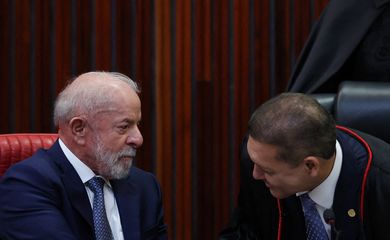 Brazil's president Luiz Inacio Lula da Silva looks at Kassio Nunes during his inauguration ceremony as new president of the Superior Electoral Court, in Brasilia, Brazil, May 12, 2026.REUTERS/Adriano Machado