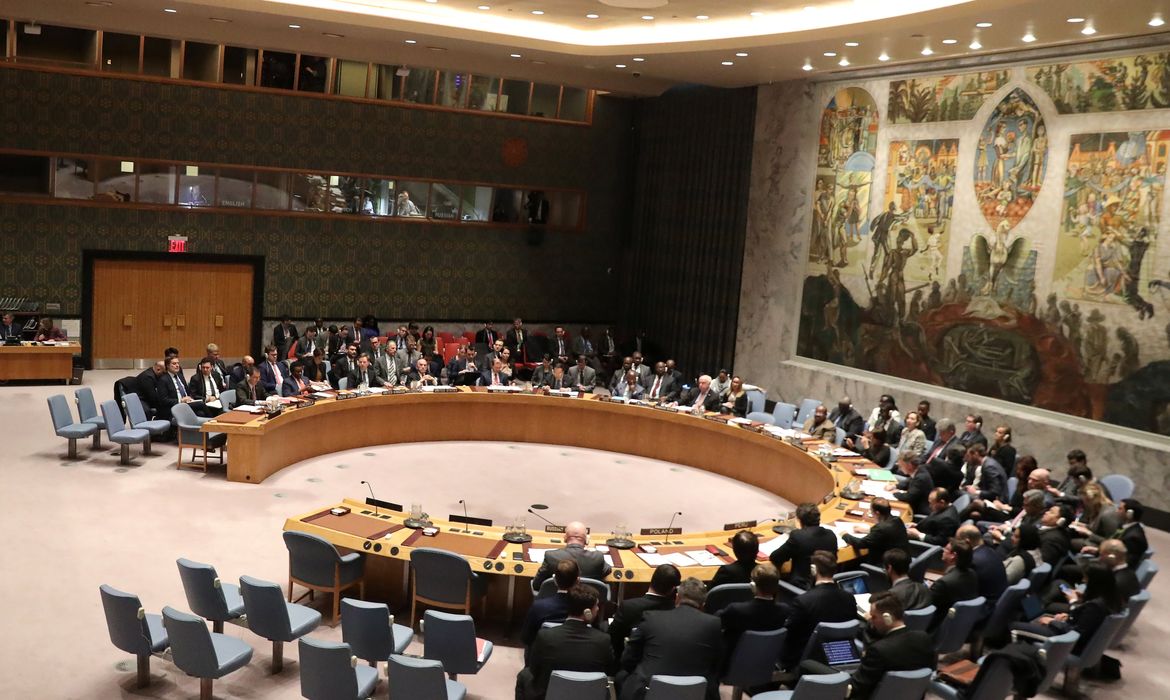 Membros do Conselho de Segurança das Nações Unidas durante reunião sobre a situação na Venezuela, em Nova York, EUA.
