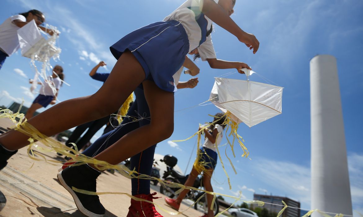 Brasília - Alunos do Sesc soltam pipas com trechos de livros e poesias, no espaço entre a Biblioteca Nacional e o Museu Nacional de Brasília (Marcelo Camargo/Agência Brasil)