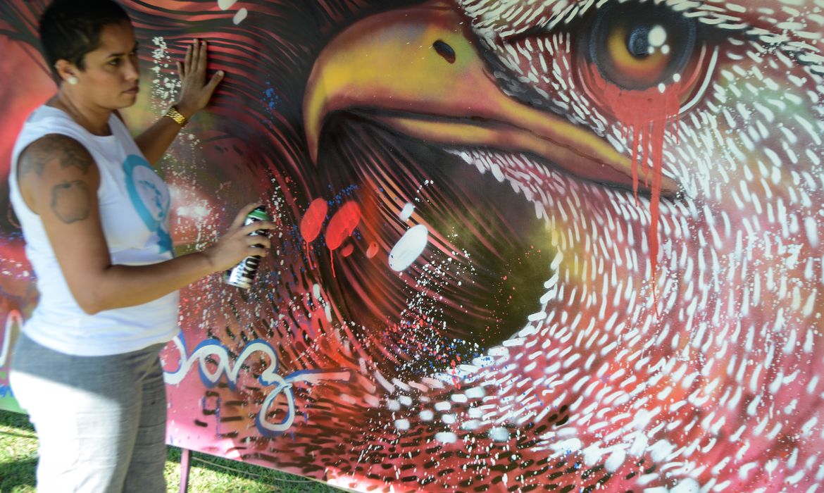 A grafiteira carioca Panmela Castro, apelidada de Grafiteira da Penha, para comemorar os nove anos da Lei Maria da Penha, pinta painel no gramado do Congresso Nacional (Fabio Rodrigues Pozzebom/Agência Brasil)