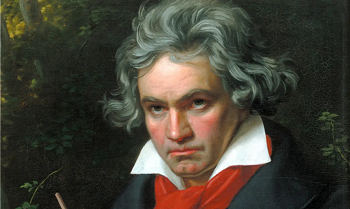 Um retrato de Beethoven com a partitura para a Missa Solemnis de 1820 por Joseph Karl Stieler.