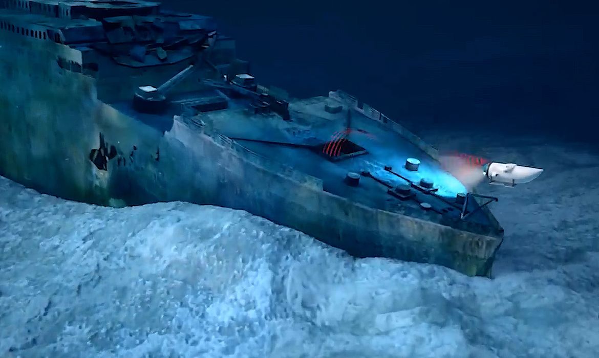19/06/2023 - A empresa OceanGate, que faz expedições até os destroços do navio Titanic, anunciou que o submarino utilizado para levar turístas até o local onde estão os restos do navio, desapareceu no Oceano Atlântico. Frame da animação 3D,