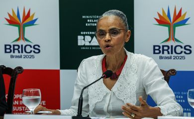 Brasília (DF),  03/04/2025.- A ministra do Meio Ambiente e Mudança do Clima, Marina Silva, durante entrevista após a 11ª reunião dos ministros de Meio Ambiente do Brics, sob a presidência brasileira. 
Foto: Antonio Cruz/Agência Brasil