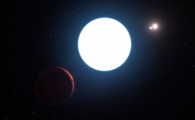 This artist's impression shows a view of the triple star system HD 131399 from close to the giant planet orbiting in the system. The planet is known as HD 131399Ab and appears at the lower-left of the picture. Located about 320 light-years from