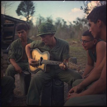 Soldados americanos tocando violão na Guerra do Vietnã