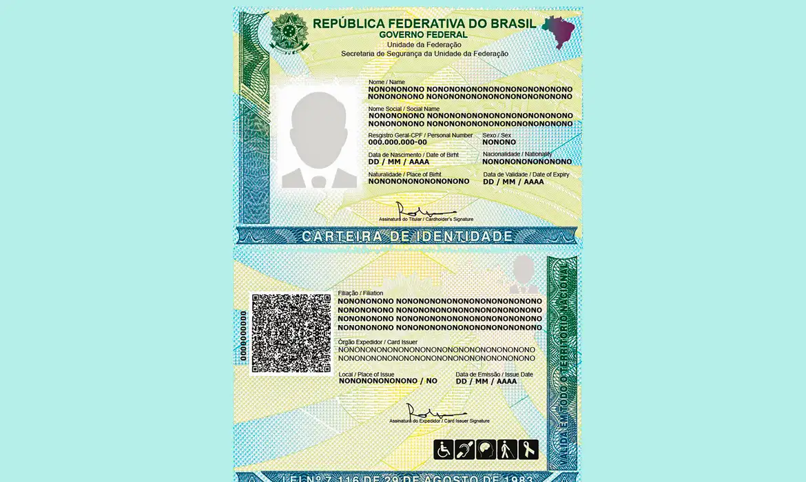 Ministério da Justiça/Divulgação Brasília (DF) 29/07/2024 - Modelo da nova carteira de identidade.
Foto: Ministério da Justiça/Divulgação