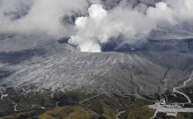 An aerial view shows an eruption of Mount Aso in Aso, Kumamoto prefecture, southwestern Japan