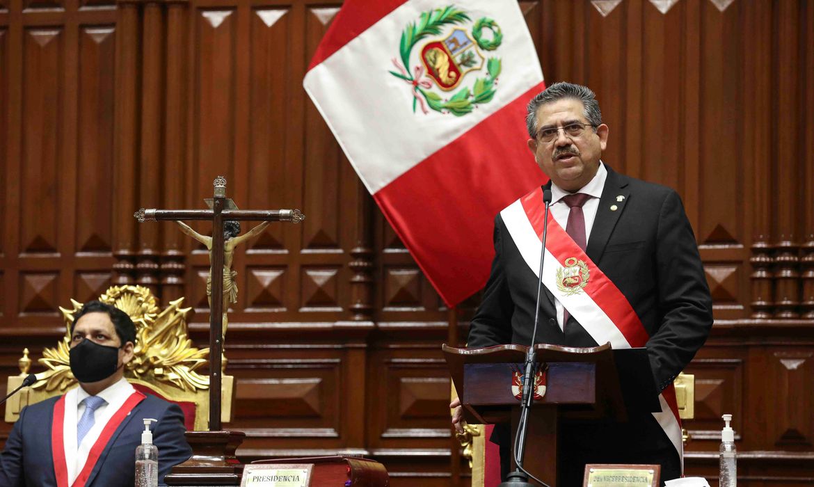 Peru's interim President Manuel Merino addresses lawmakers at Congress after he was sworn in following the removal of President Martin Vizcarra, in Lima