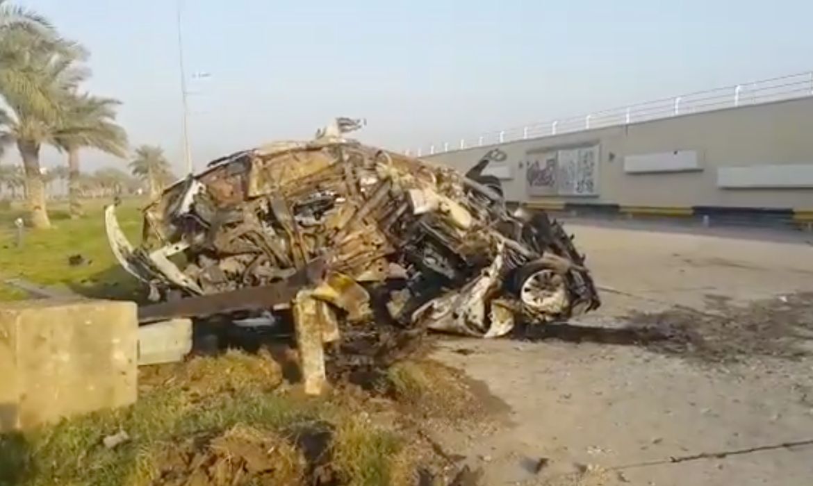 A damaged car, claimed to belong to Qassem Soleimani and Abu Mahdi al Muhandis, is seen near Baghdad International Airport, Iraq January 3, 2020 in this still image taken from video. Ahmad Al Mukhtar/via REUTERS ATTENTION EDITORS - THIS IMAGE