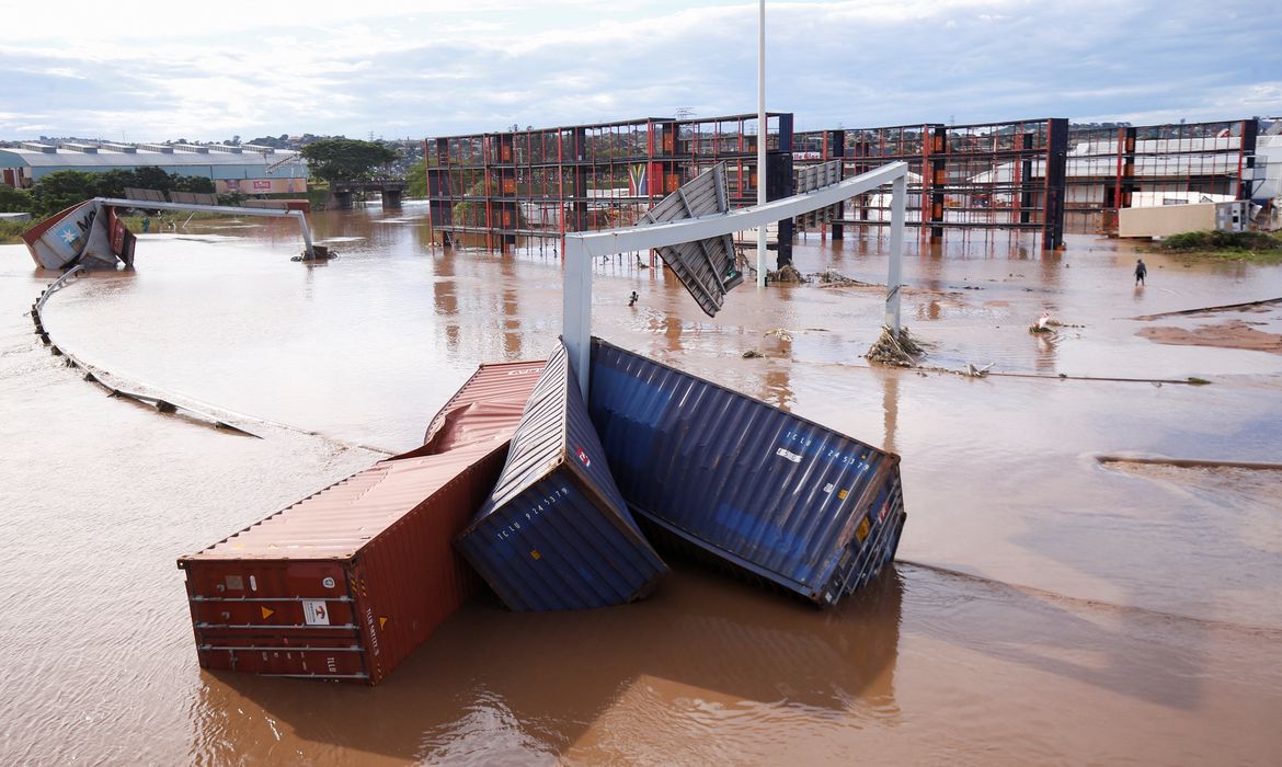 A view of shipping containers, which were washed away after heavy rains caused flooding, in Durban