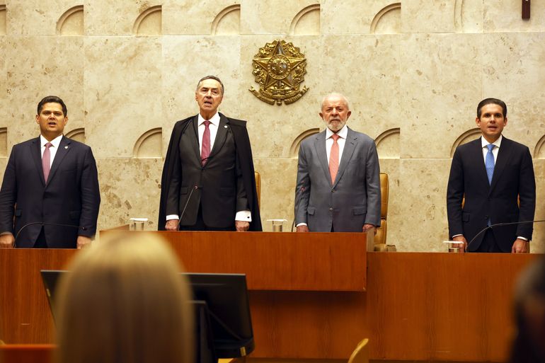 Brasília (DF), 03/02/2025 - Presidente do Senado Federal Davi Alcolumbre, presidente do STF Roberto Barroso, presidente da república Luiz Inácio Lula da Silva e o presidente da Câmara dos Deputados Hugo Mota durante sessão Solene de Abertura do Ano Judiciário do STF. Foto: Antônio Cruz/Agência Brasil