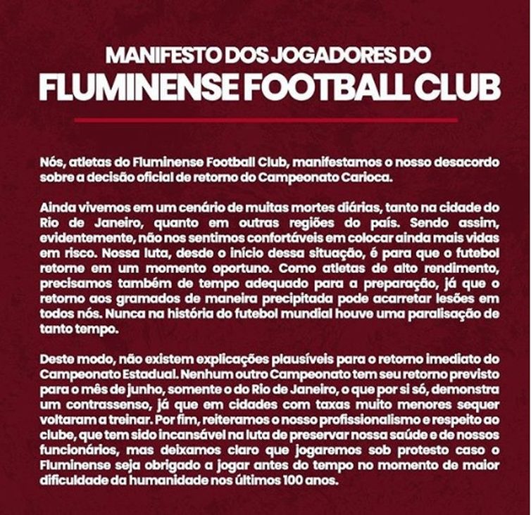 O atacante Fred publicou no instagram um manifesto contrário à volta do futebol no Rio de Janeiro