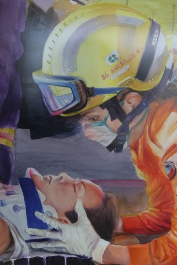 Exposicao no Centro de Atendimento ao Turista na Praca dos 3 Poderes, mostra rotina dos bombeiros pintada em aquarela.