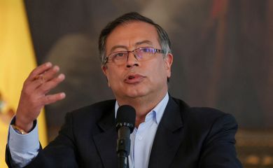 FILE PHOTO: Colombian President Gustavo Petro speaks to journalists about his government's first 100 days, in Bogota