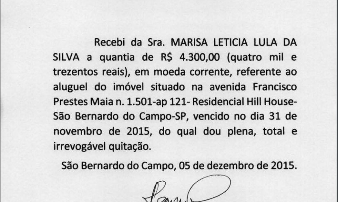 Recibo de aluguel apresentado pelo ex-presidente Lula com data de 31 de novembro. Crédito: Reprodução/Tribunal Regional Federal da 4ª Região