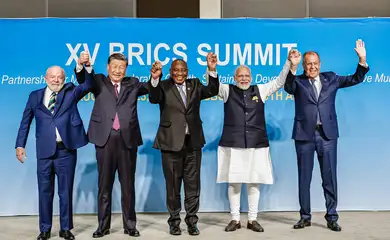 Joanesburgo, África do Sul, 23.08.2023 - Presidente da República, Luiz Inácio Lula da Silva, Presidente da República Popular da China, Xi Jinping, Presidente da África do Sul, Matamela Cyril Ramaphosa, Primeiro-Ministro da Índia, Narendra Damodardas e Ministro das Relações Exteriores da Rússia, Sergey Lavrov. Foto: Ricardo Stuckert/PR