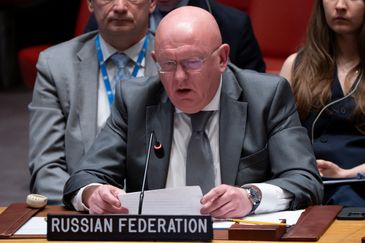 Russian ambassador to the United Nations Vassily Nebenzia addresses delegates during a meeting of the United Nations Security Council, following U.S attack on Iran's nuclear sites, at UN headquarters in New York City, U.S., June 22, 2025. REUTERS/Eduardo Munoz