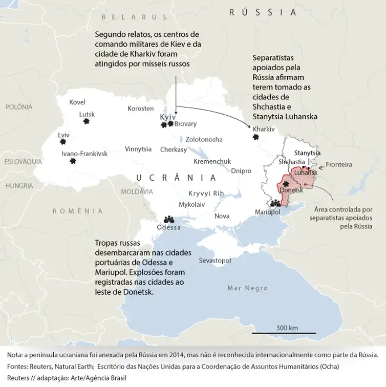 Infográfico mostra o primeiro dia da invasão russa à Ucrânia.