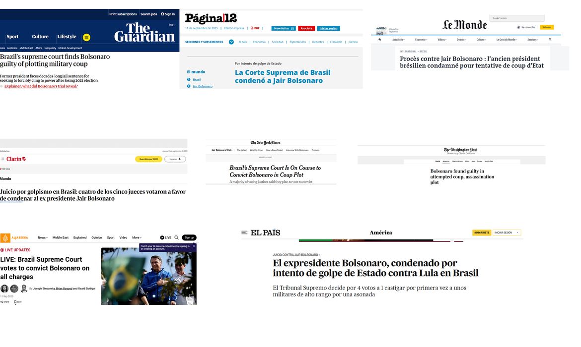 Brasília (DF), 11/09/2025 - Condenação de Bolsonaro e aliados repercute na imprensa internacional
Por 4 a 1, Primeira Turma do STF condenou ex-presidente e mais 7 réus.
Print jornais internacionais