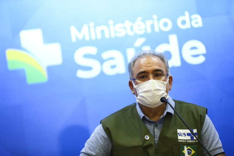 O ministro da Saúde, Marcelo Queiroga, durante entrevista coletiva.