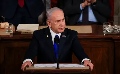 Israeli Prime Minister Benjamin Netanyahu looks on as he addresses a joint meeting of Congress at the U.S. Capitol in Washington, U.S., July 24, 2024. Reuters/Kevin Mohatt/Proibida reprodução