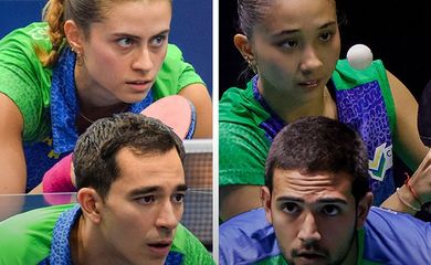 Calderano e Bruna Takahashi encaram Guilherme Teodoro e Giulia Takahashi na final de duplas mistas do Pan-Americano de Tênis de Mesa, em 16/10/2024