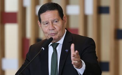 O vice-presidente da República e presidente do Conselho Nacional da Amazônia Legal, Hamilton Mourão, fala à imprensa, após a terceira reunião do colegiado, no Palácio Itamaraty em Brasília