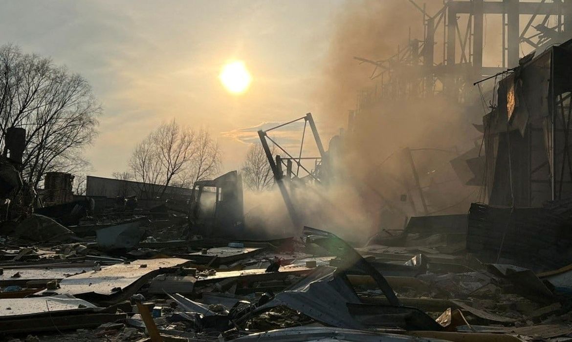 A food warehouse damaged by shelling is seen in Brovary