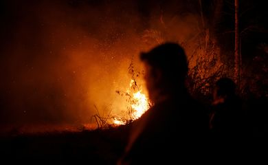 Fire rises near members of the armed forces as Bolivia records the most outbreaks of wildfires since 2010 this year, burning some 3 million hectares (7.5 million acres) of land according to experts, in Nuflo de Chavez province, Bolivia August 25, 2024. REUTERS/Claudia Morales