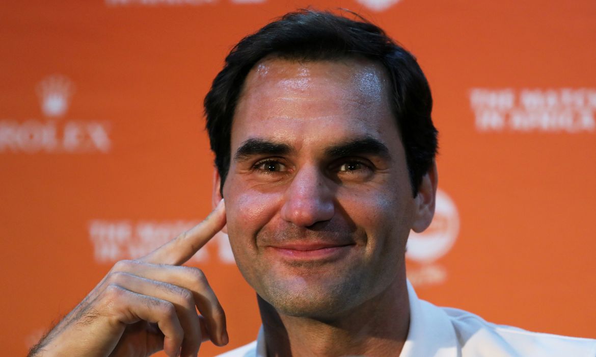 FILE PHOTO: Roger Federer speaks during a media briefing  at Cape Town International Airport ahead of his exhibition tennis match against Rafael Nada