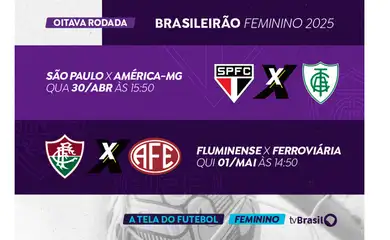 Rio de Janeiro (RJ) 29/04/2025 - A TV Brasil segue com as transmissões do Brasileirão Feminino Série A1 e exibe no meio desta semana mais duas partidas do campeonato. Na quarta-feira (30), o São Paulo encara o América-MG, a partir das 15h50, em Cotia (SP). Já na quinta-feira (1º) é a vez do Fluminense receber a Ferroviária, a partir das 14h50, no Rio de Janeiro (RJ).  As partidas são válidas pela oitava rodada. Arte TV Brasil