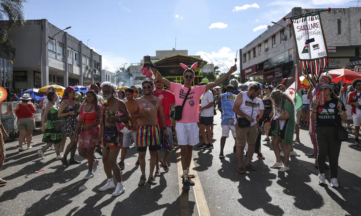 Brasília (DF), 04/03/2025 - Foliões se divertem no Pacotão, tradicional bloco de carnaval com marchinhas que satirizam o cenário político nacional. Foto: Marcelo Camargo/Agência Brasil