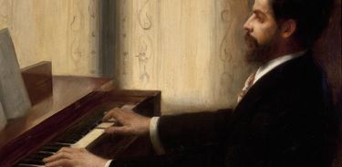 Pintura retrata o Maestro Alberto Nepomuceno tocando piano em 1895, obra de Eliseu Visconti