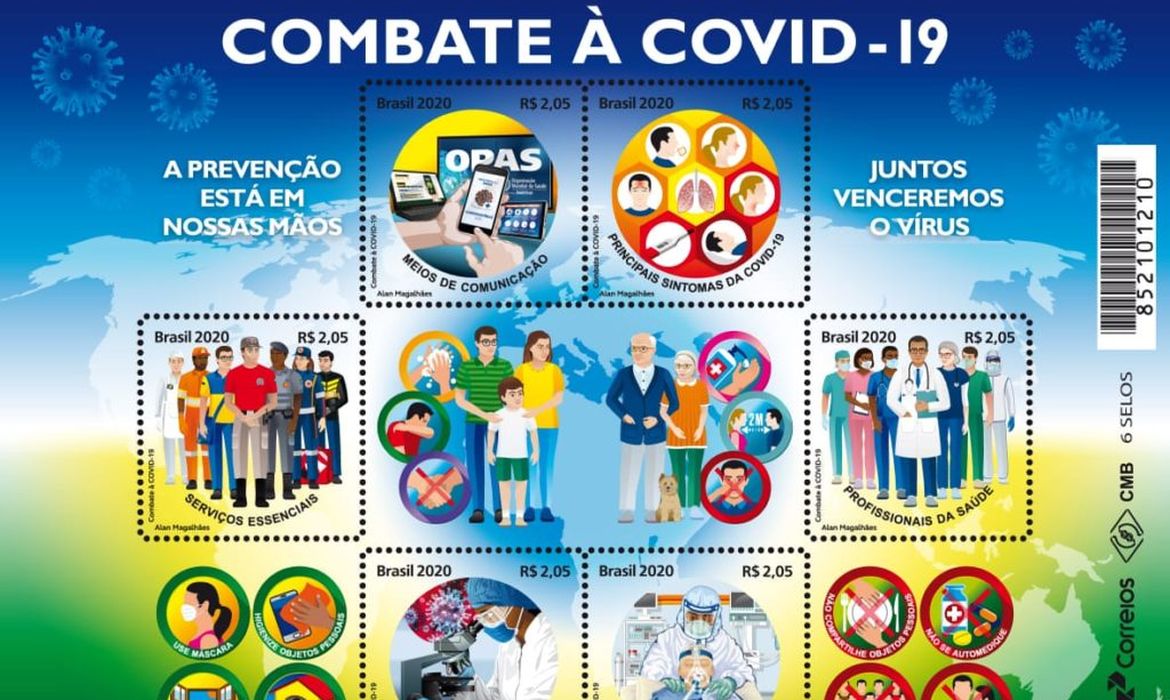 Correios lançam um bloco de seis selos em homenagem aos trabalhos de combate à pandemia do novo coronavírus, que provoca a Covid-19.