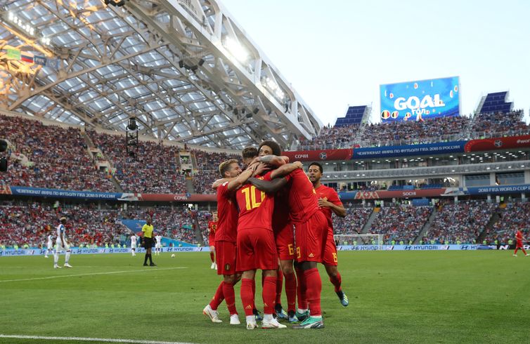 Copa 2018: Bélgica e Panamá. Comemoração do terceiro gol da Bélgica.