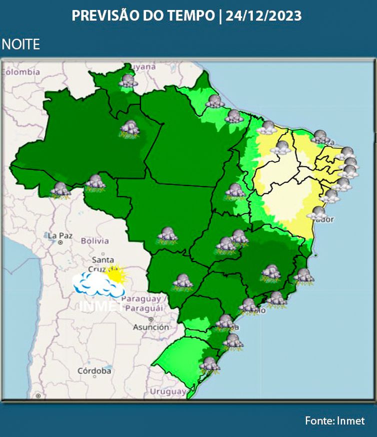 Brasília (DF) 23/12/2023 –  Noite de Natal pode ser chuvosa na maior parte do país
Arte Agência Brasil