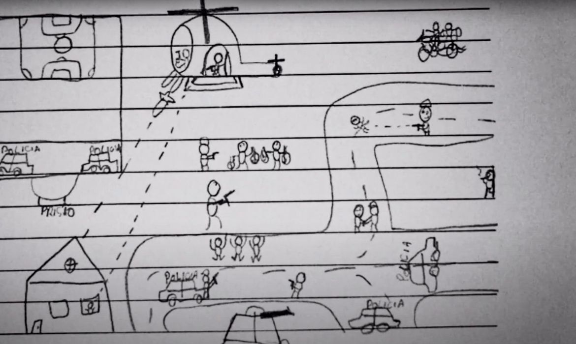 Brasília (DF) 02/04/2025 - Desenho de criança mostra operação policial nas favelas. - Documentário traz visão de crianças sobre violência policial em favelas
Foto: Cartas Pela Paz/Divulgação