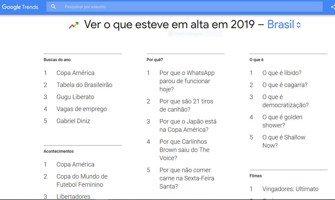 O que esteve em alta no Google no Brasil em 2019 - Reprodução internet