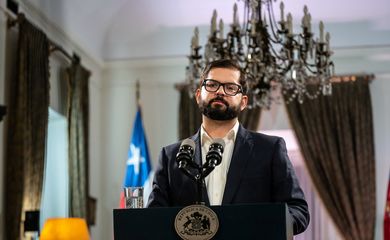 Chile's President Gabriel Boric speaks about the results of the referendum at the government palace La Moneda in Santiago